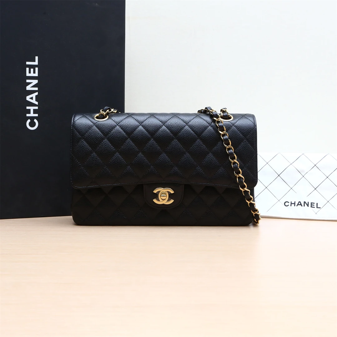 99新 Chanel/香奈儿 小花攀攀CF 中号 25.5黑金 皮革C 芯片82430