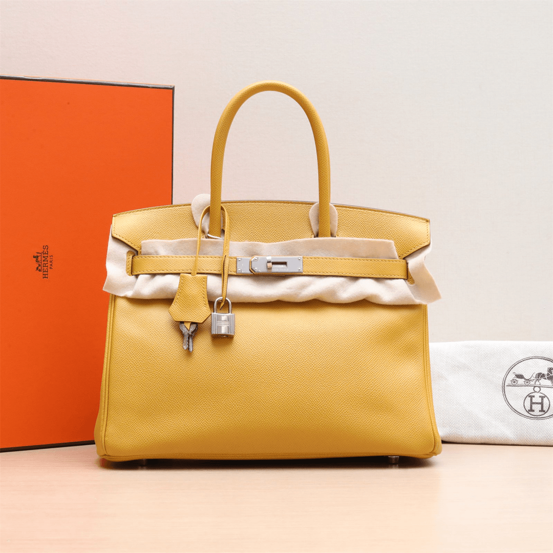 99新 Hermes/爱马仕 小花攀攀Birkin 30 琥珀黄 Epsom皮 C刻 银扣