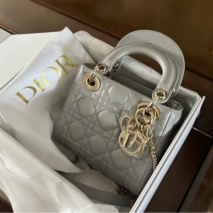 95新 DIOR/迪奥 小花双双 戴妃包 三格 灰色 皮革S 2019年