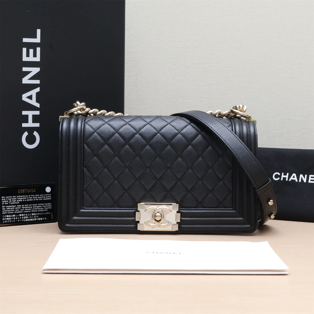 99新 Chanel/香奈儿 小花攀攀Leboy 中号 25cm 黑金 皮革C 23开
