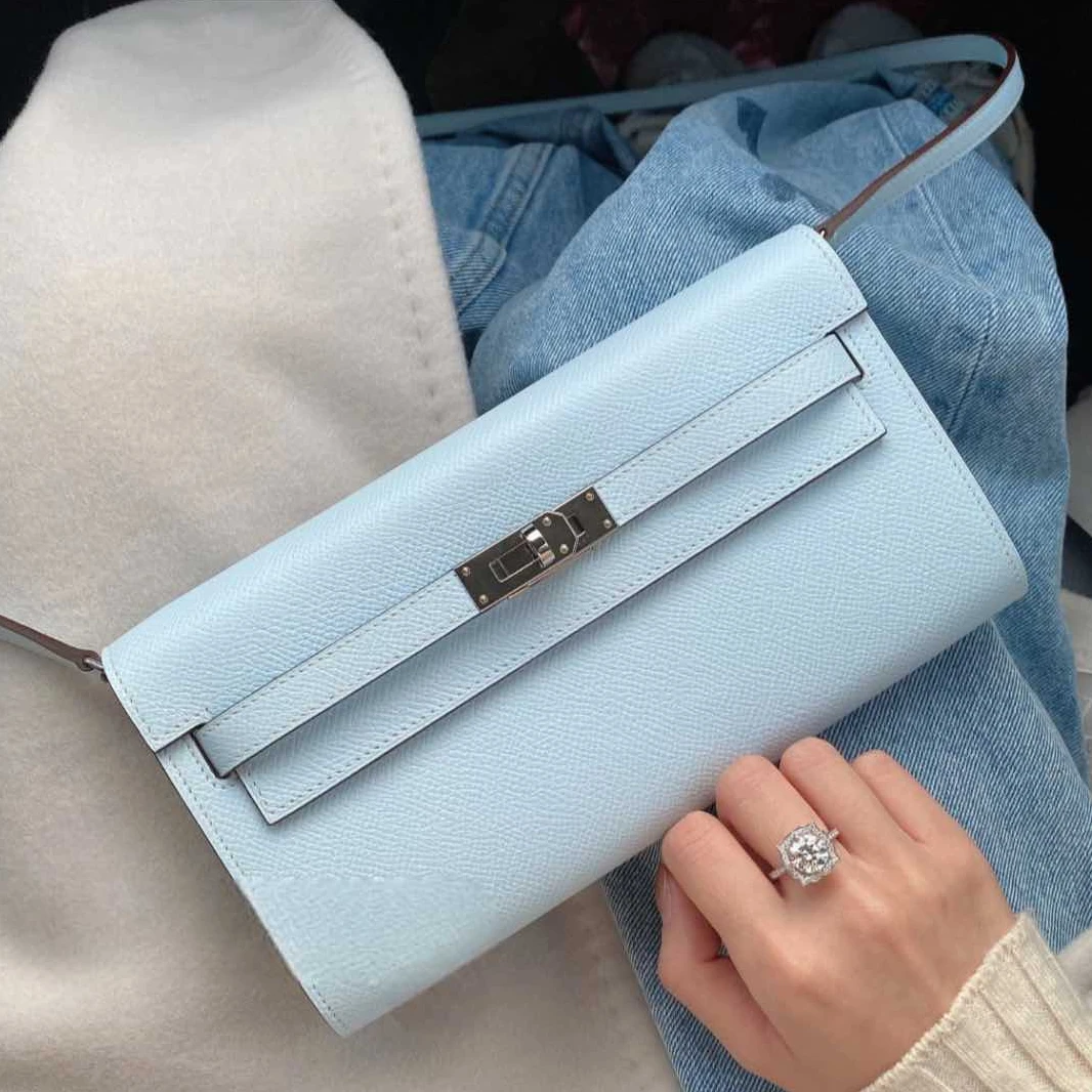 99新 Hermes/爱马仕 小花6珊 Kelly To Go 雾霾藍 Ep皮 Y刻 银扣