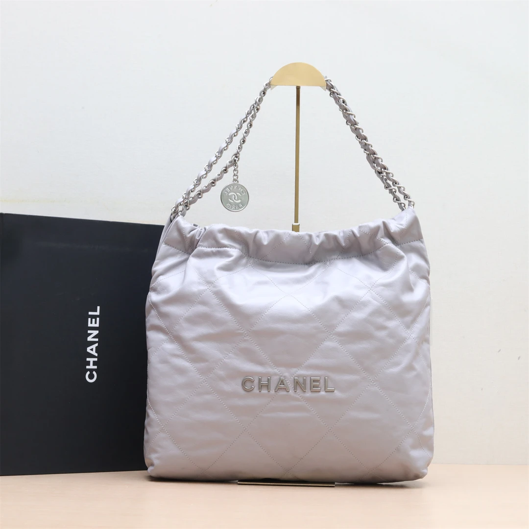 95新 Chanel/香奈儿 -488攀攀22Bag Tote中号 35cm灰色皮革C 芯片