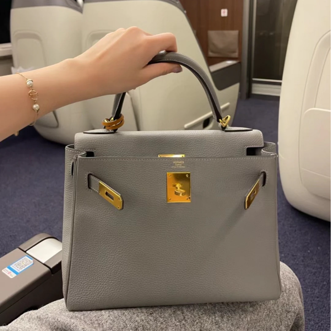 99新 Hermes/爱马仕 小花6珊 Kelly 28 海鸥灰 Togo皮 X刻金扣包