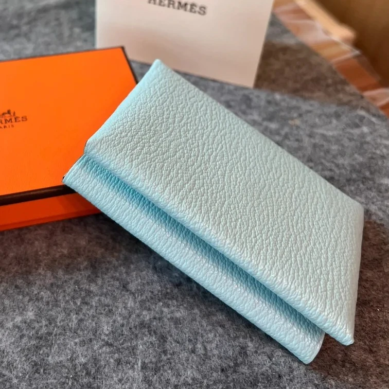 99新 Hermes/爱马仕 小花攀攀微风蓝拼太妃棕calvi双色卡包