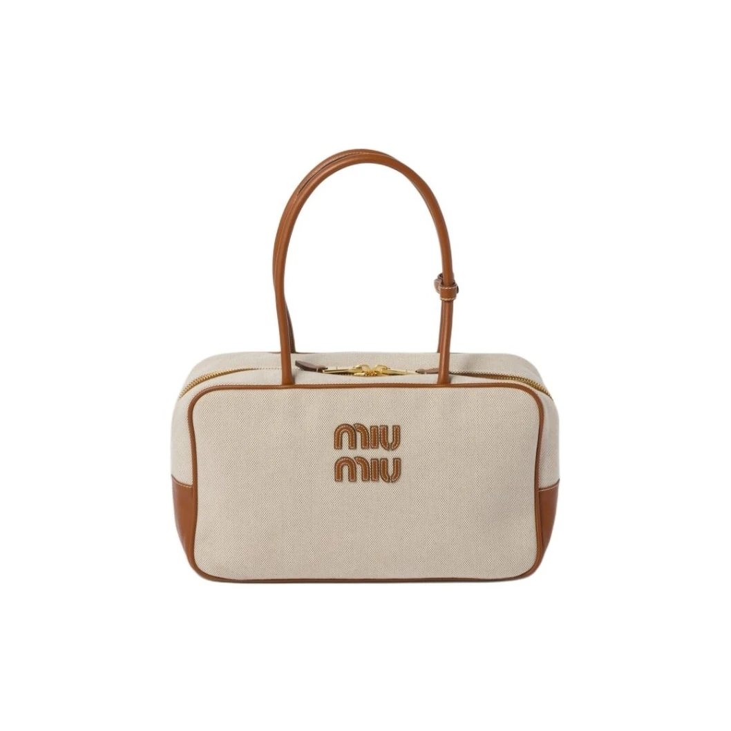 全新未使用 MIU MIU/缪缪 小花佳珊24SS秀款徽标手提公文包34米白