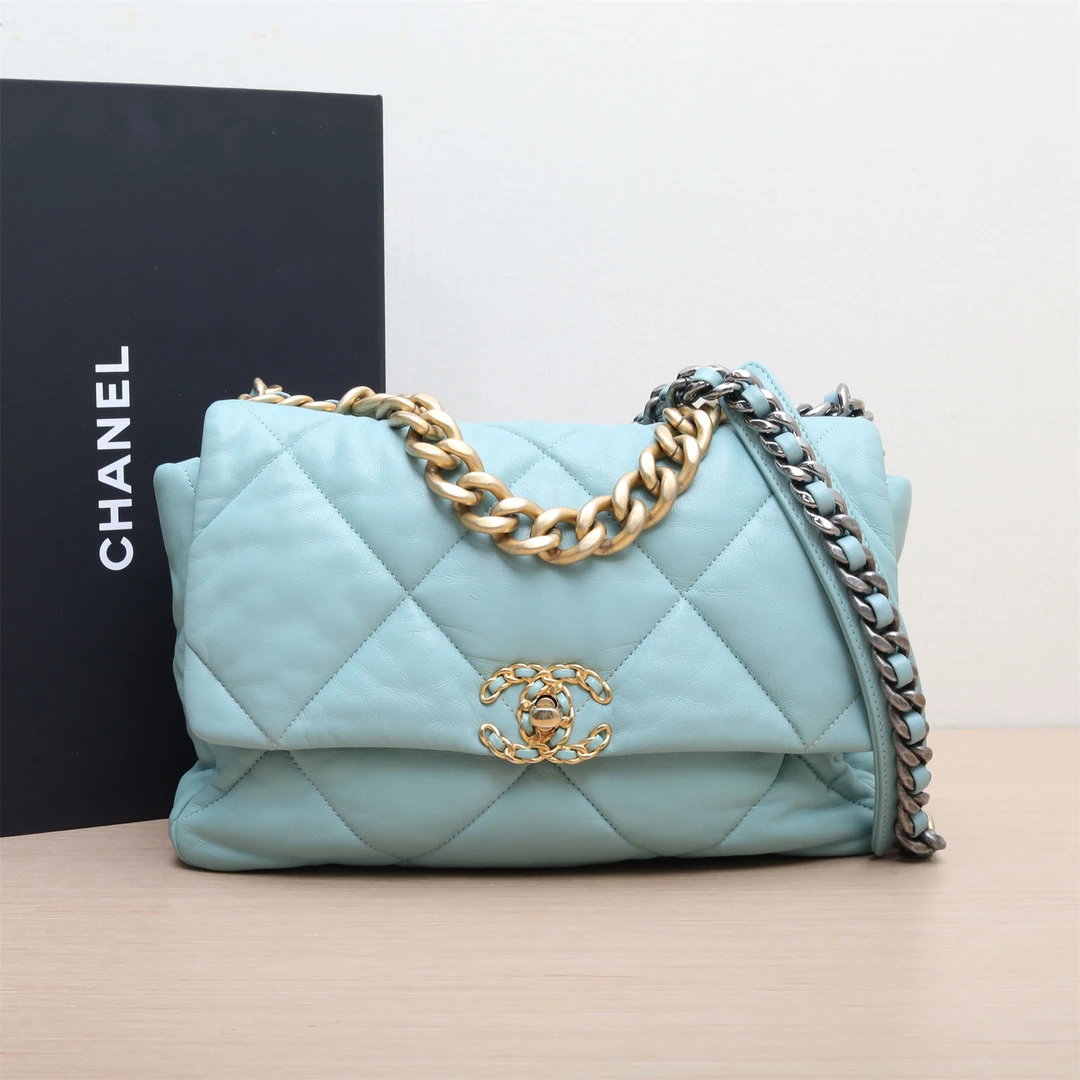 95新 Chanel/香奈儿 -270活动双双 19BAG 口盖包 中号 蓝色 皮革S