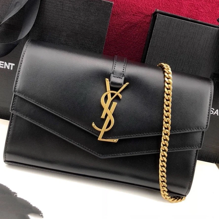 99新 YSL/圣罗兰 小花攀攀sulpice信封包 黑色 皮革C