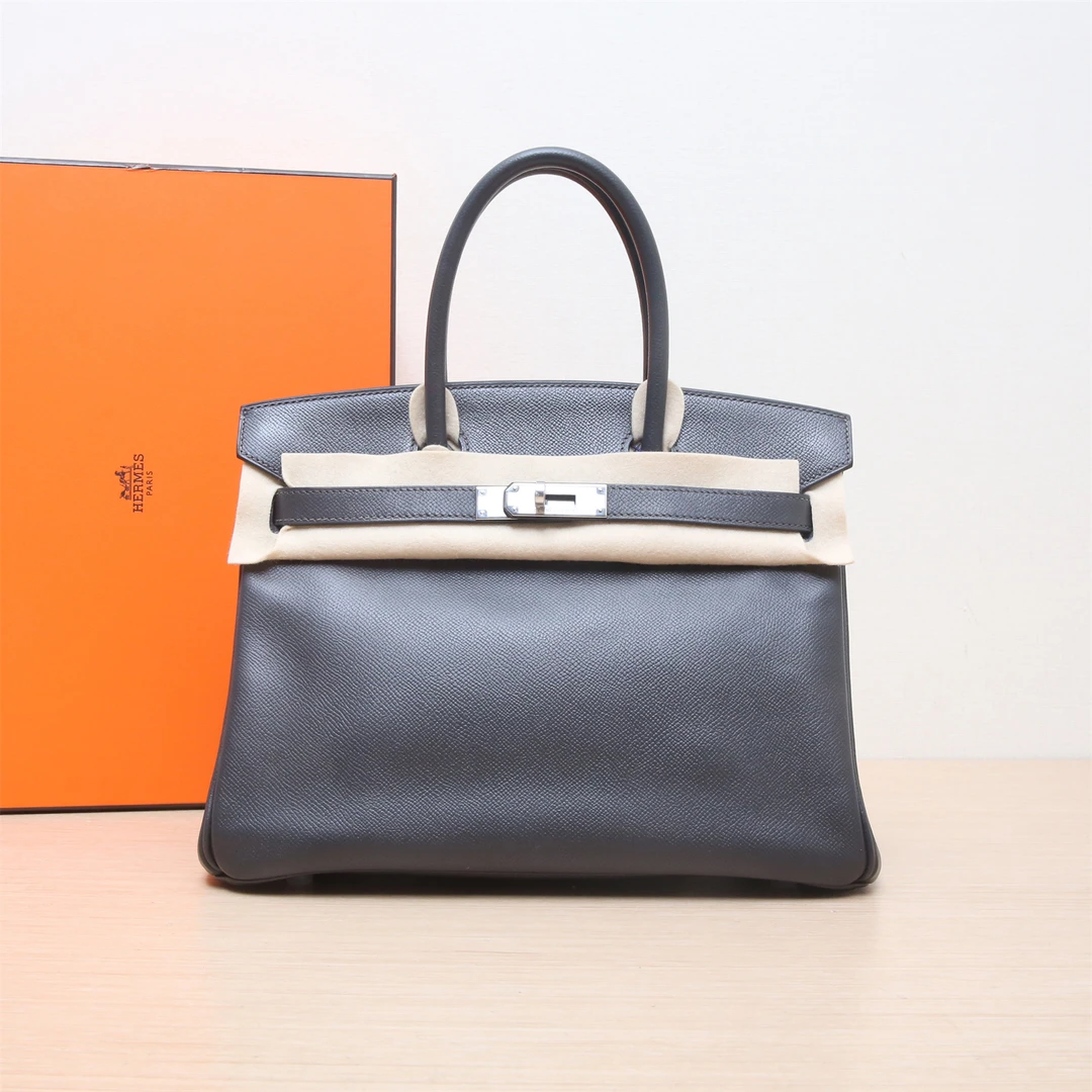 95新 Hermes/爱马仕 小花佳珊Birkin 30 石板灰 Ep皮 框M 银扣
