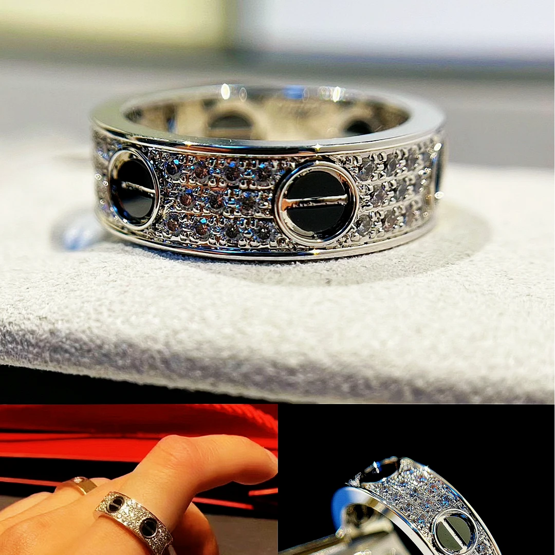 99新 Cartier/卡地亚 小花6珊 LOVE 白金满钻黑陶瓷宽版戒指58码
