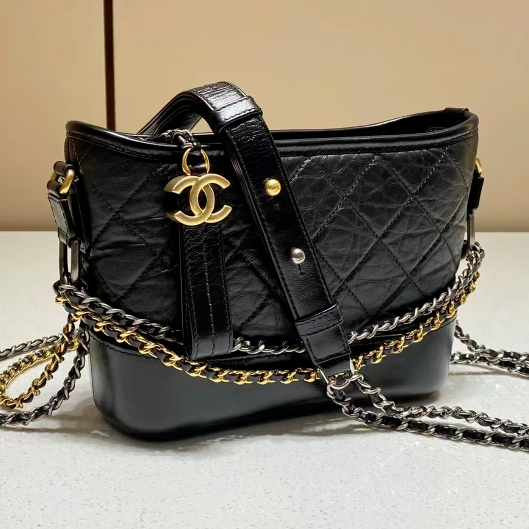 99新 Chanel/香奈儿 闲置小花6珊 流浪包 小号 菱格纹 黑金 28开