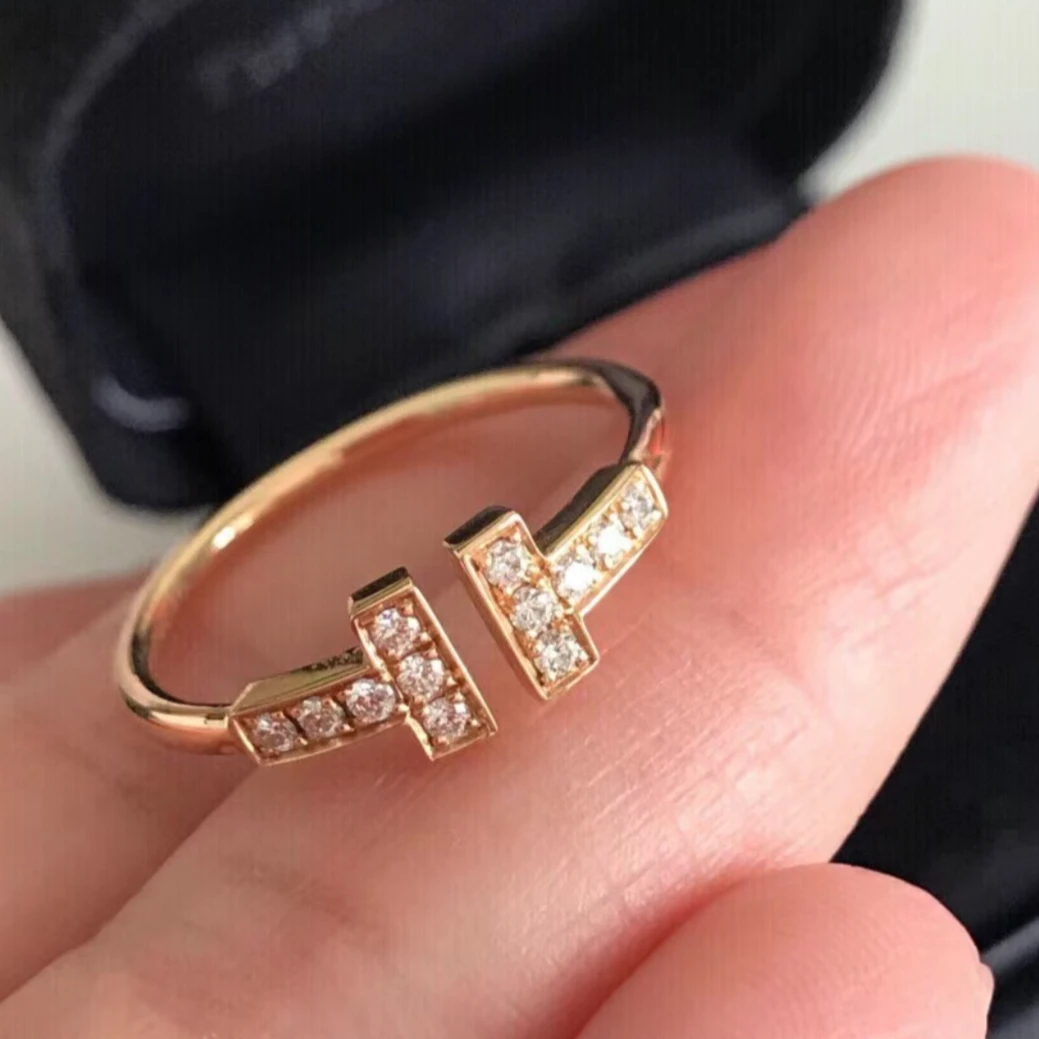 99新 Tiffany & Co./蒂芙尼 小花6珊 双T 18k金 半钻 51码 戒指