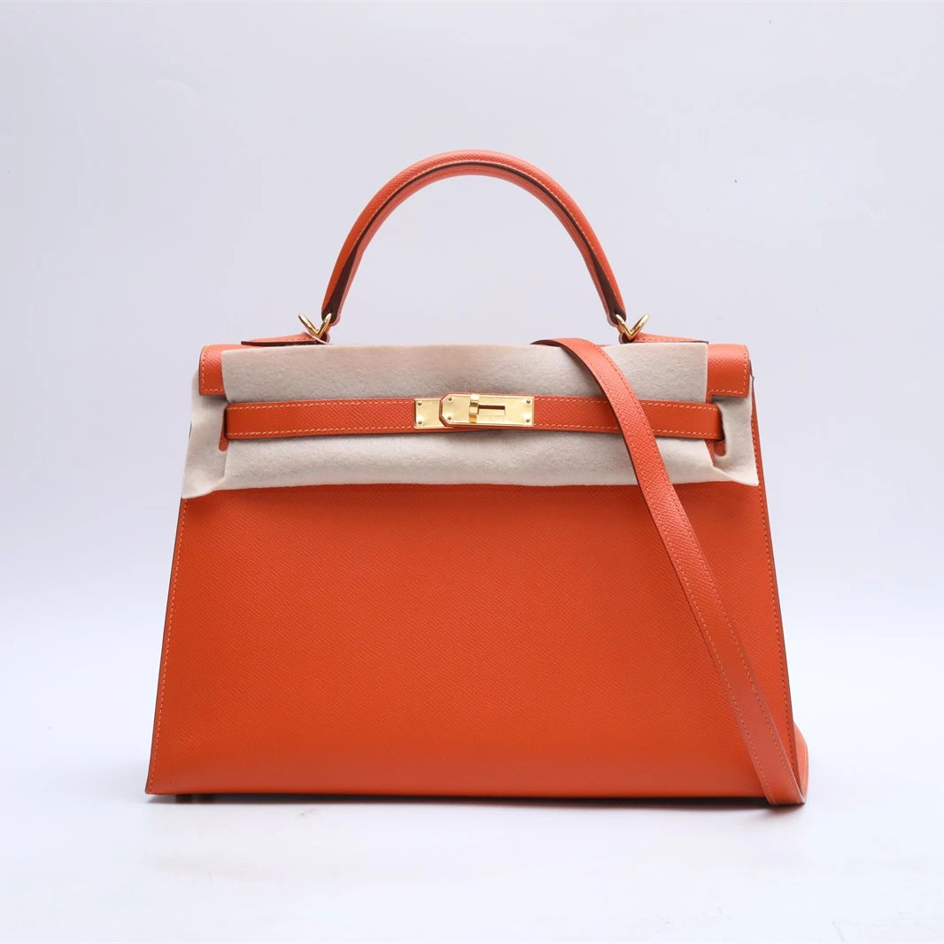 99新 Hermes/爱马仕 小花双双Kelly 32 9J火焰橙 Epsom皮 框O