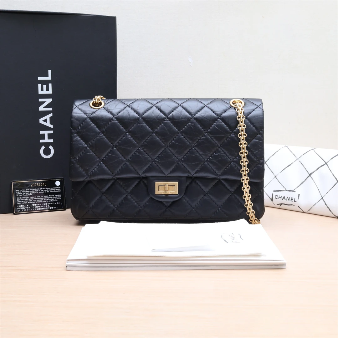 95新 Chanel/香奈儿 小花6花 2.55 口盖包 大号 黑色 23开 金扣