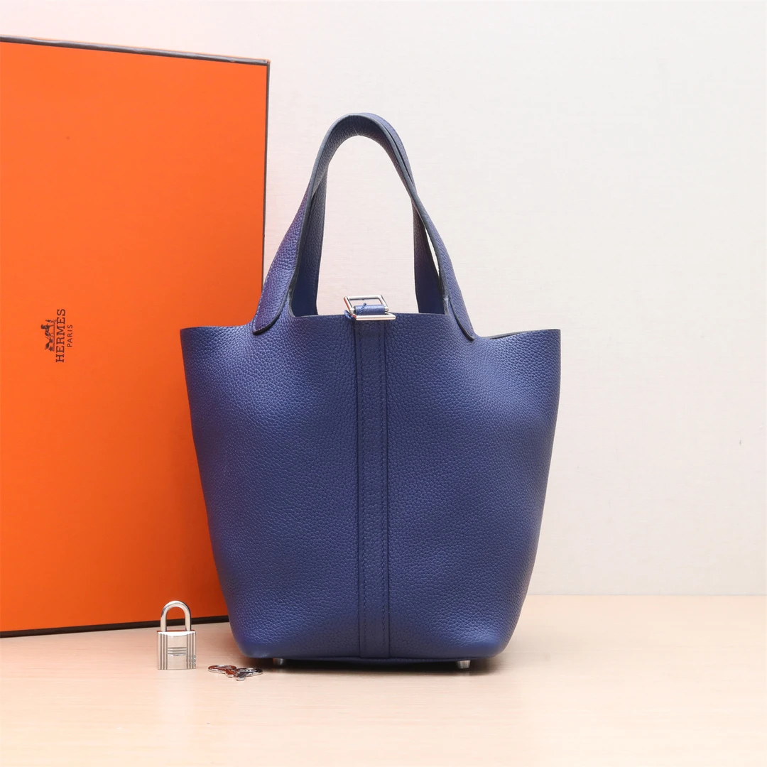 99新 Hermes/爱马仕 小花6珊 18 菜篮子 M3水墨蓝 TC皮C刻银扣包
