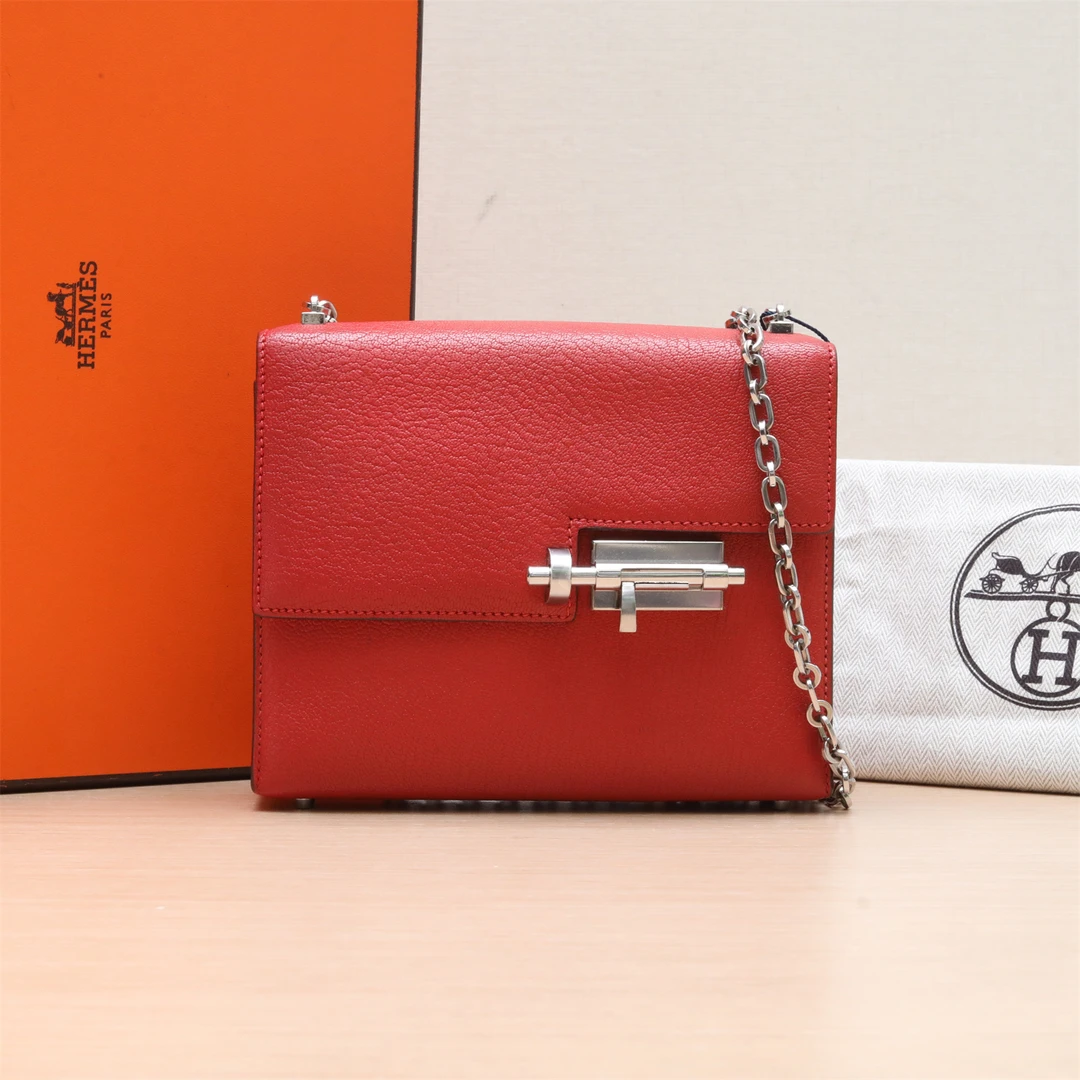 95新 Hermes/爱马仕 小花双双手枪包 插销包 17 S5番茄红山羊皮