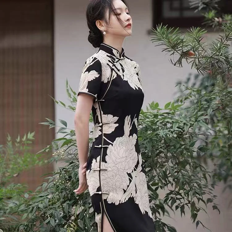 新中式旗袍改良年轻款高端气质高级感少女连衣裙女夏黑色素雅款