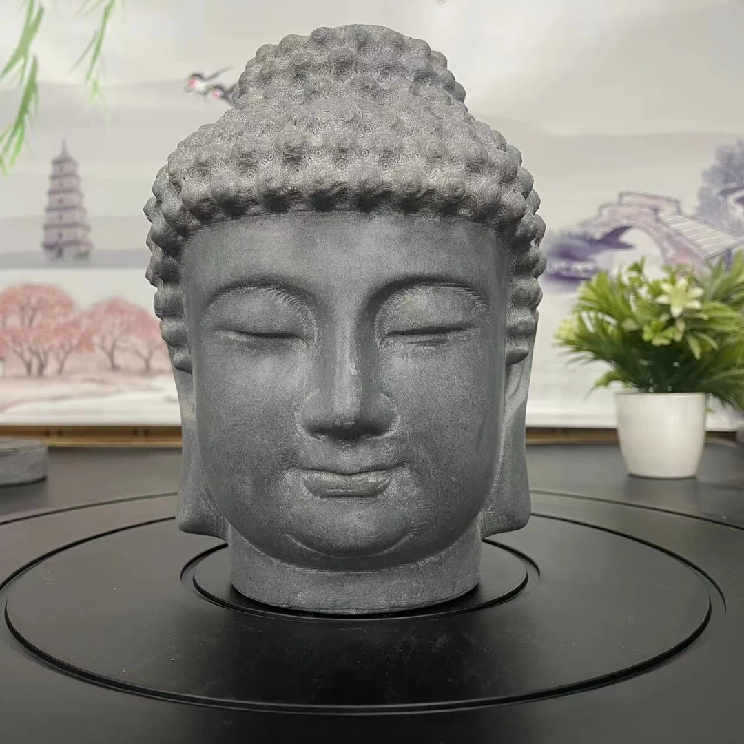 山西青石【高18厘米】中式佛头摆件工艺品/茶室会所博古架装饰摆件