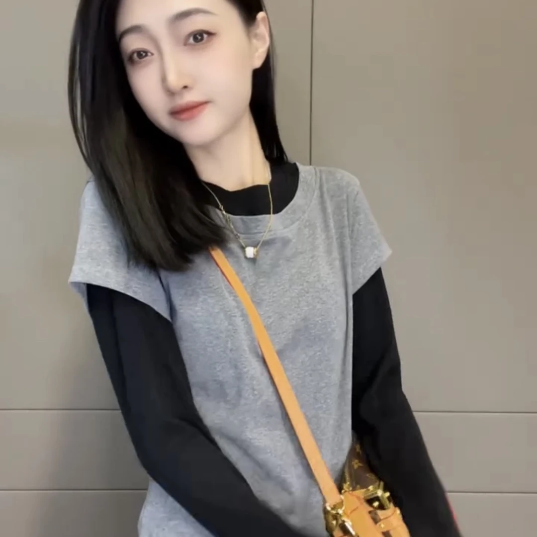 新款女士百搭休闲时尚显瘦洋气拼接假两件长袖T恤