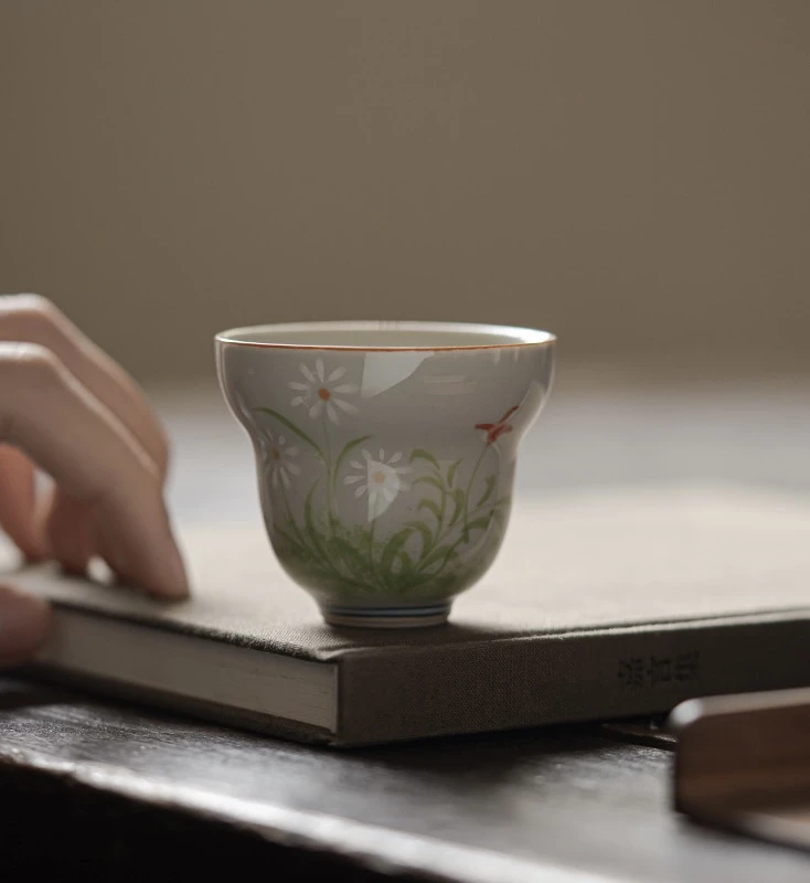 手绘品茗杯小白菊葫芦杯陶瓷功夫茶具单杯 轻奢复古主人杯茶杯