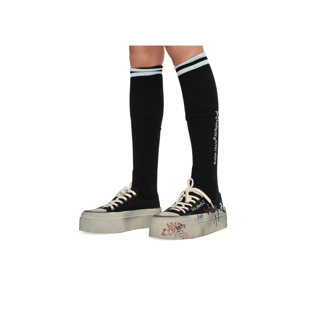 dirty fit 每双都是手工涂鸦 脏脏矮子乐厚底帆布鞋 黑/白