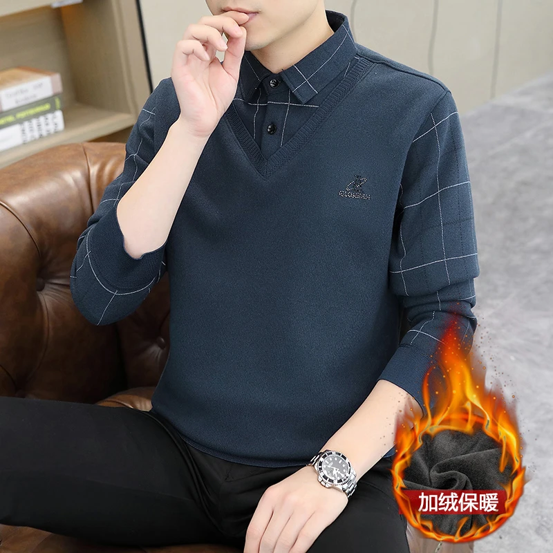 打底衫男士长袖针织休闲加绒加厚保暖时尚潮流韩版秋冬季