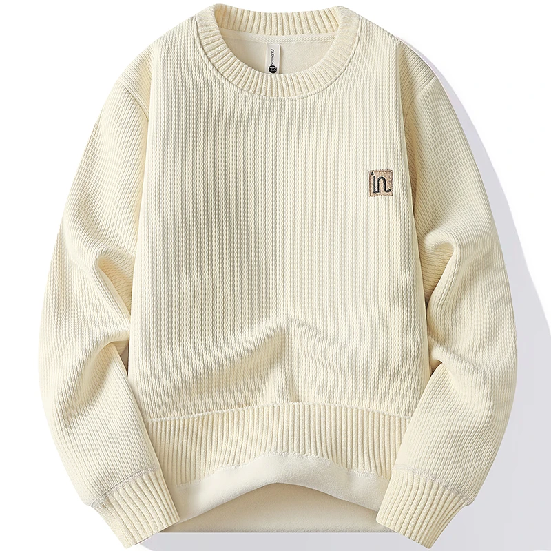 一体绒圆领毛衣男秋冬季加绒加厚保暖线衣潮流韩版冬装针织打底衫