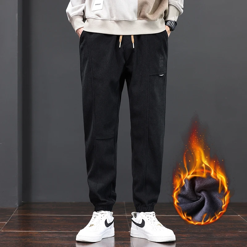 2024秋冬季加绒保暖宽松百搭休闲裤男运动裤抽绳松紧腰束脚裤子男