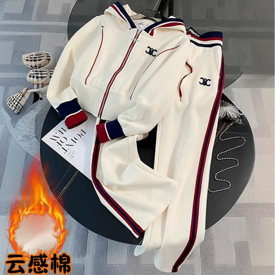 加绒连帽卫衣直筒裤时尚两件套装冬季厚款高端休闲运动套装