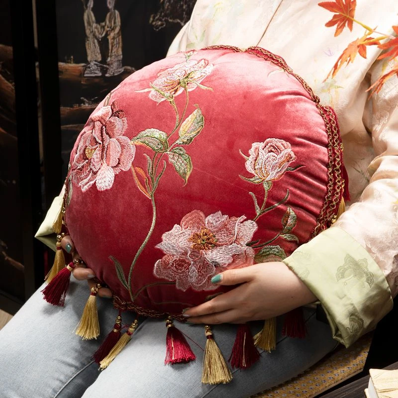 [国色牡丹]中式圆形抱枕 沙发靠垫高级感家用