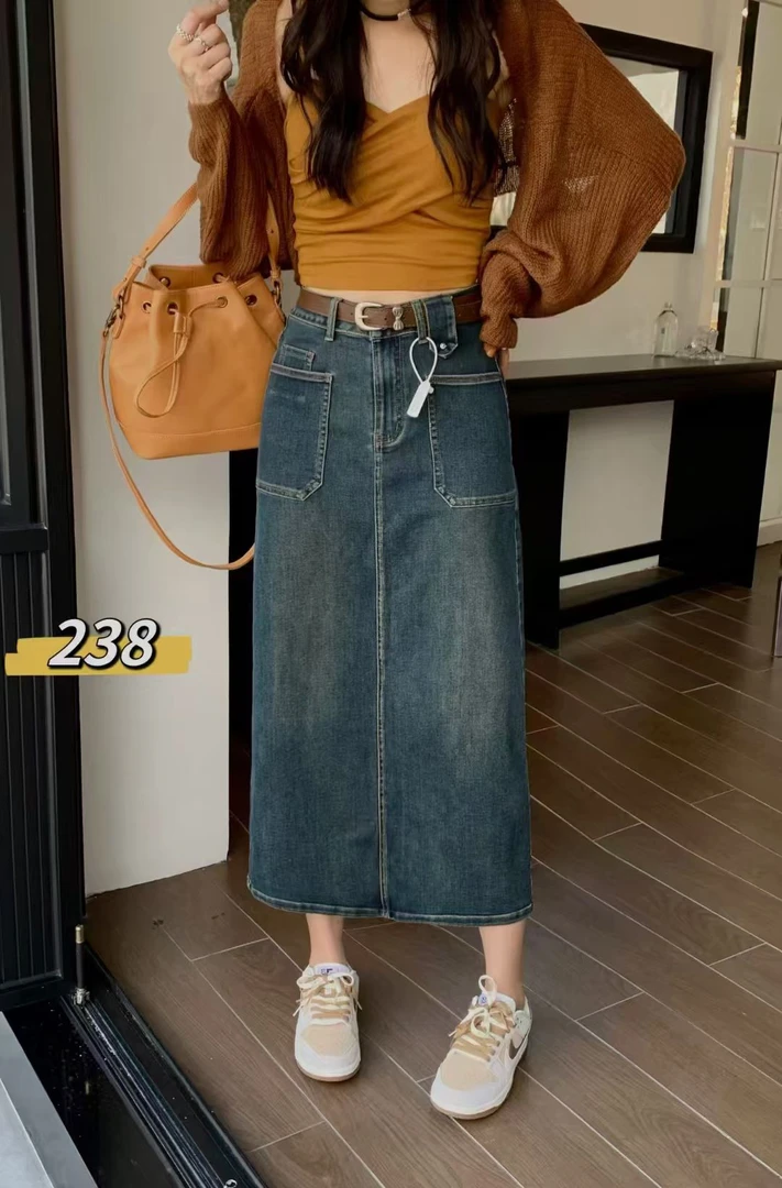 秋冬季中长款半身裙牛仔裙新款长83cm货号238