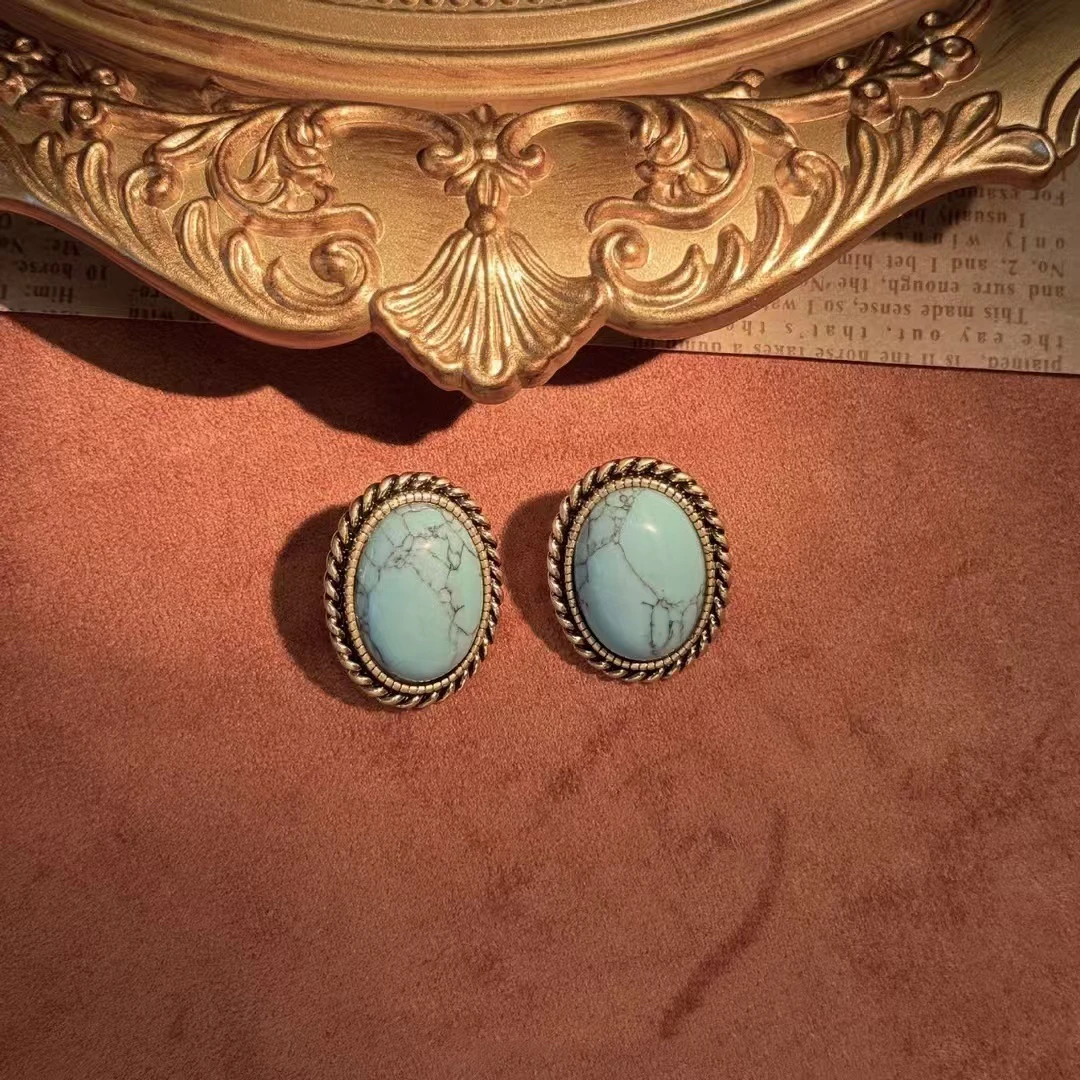 铜合金耳饰 复古铜合金耳饰小众设计椭圆蓝色耳钉轻奢风格925银针