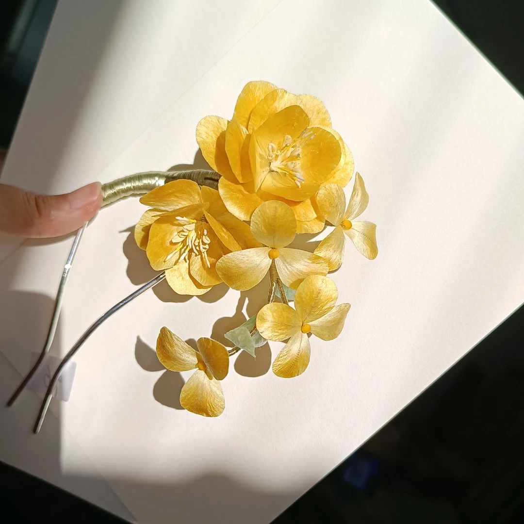 非遗绒花黄色系牡丹花发簪手工搭配汉服旗袍新中式送礼复古发饰