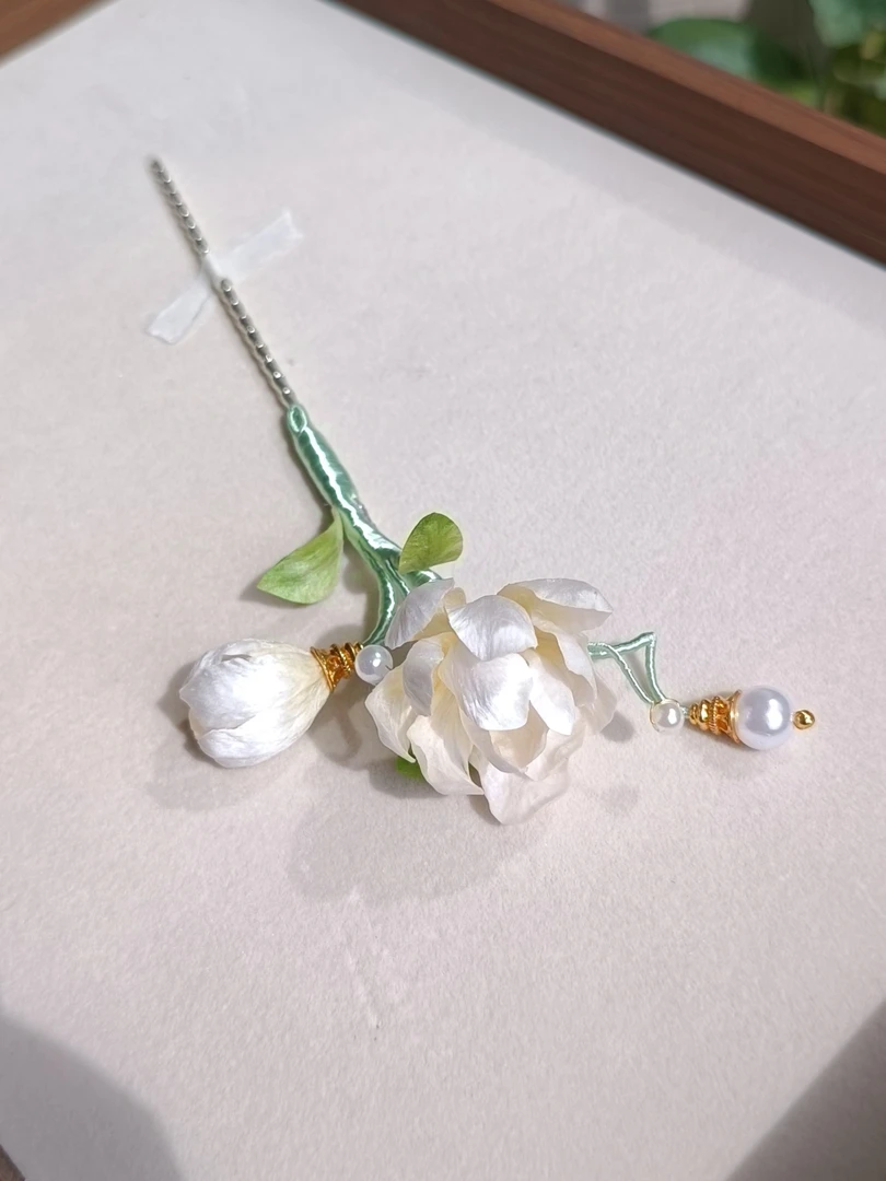 非遗绒花白玉色茉莉花发簪纯手工汉服旗袍新中式送礼小清新发饰