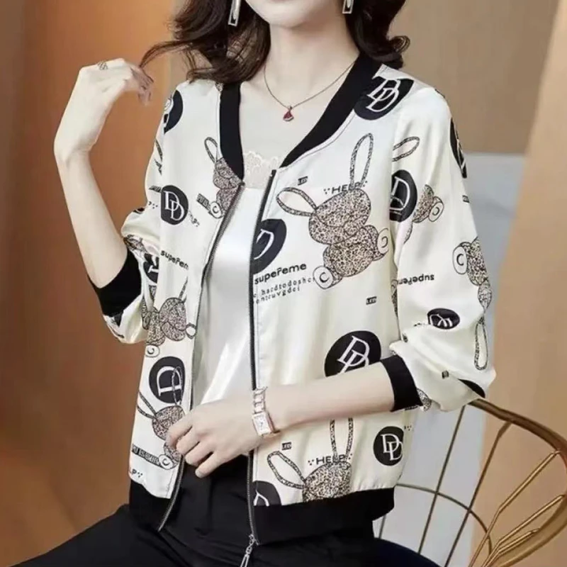 雪儿 兔子印花春夏薄款外套女士长袖宽松洋气棒球领夹克防晒开衫