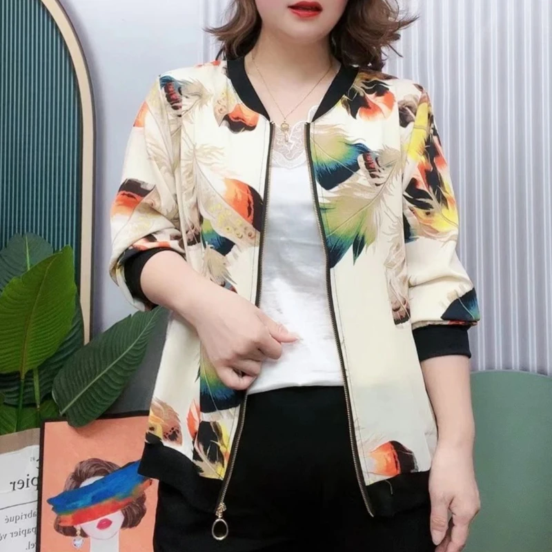 丽丽 2024夏季薄款长袖外套时尚女印花防晒衣中老年妈妈装棒球服