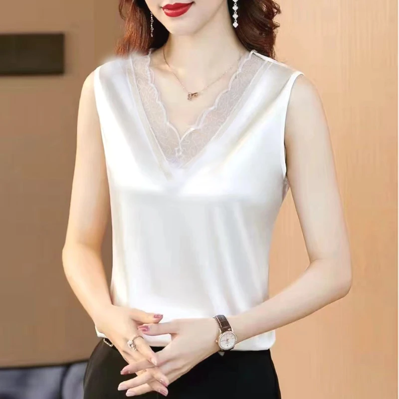 雪儿 夏季百搭蕾丝花边V领背心女妈妈装缎面纯色宽松内搭外穿吊带