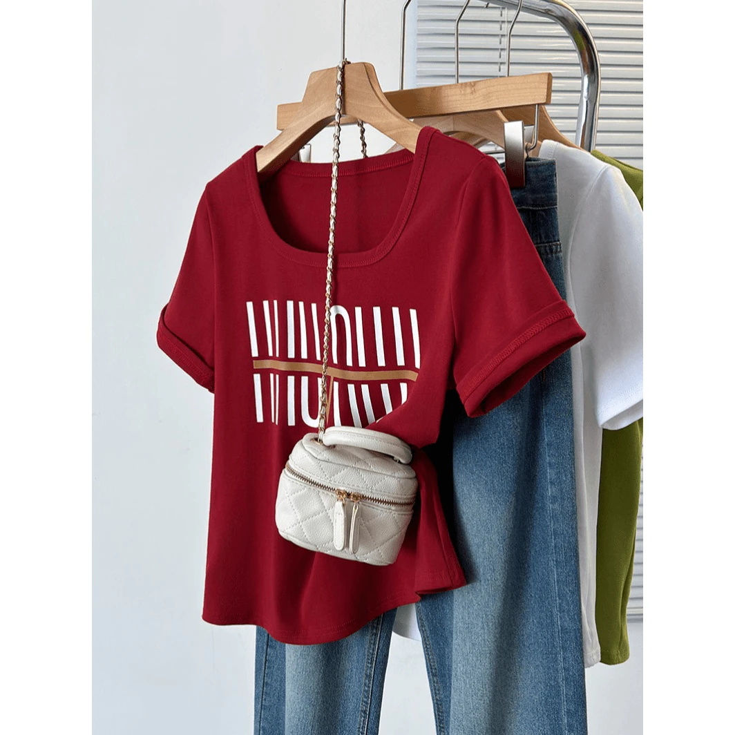 大码女装2025夏季新款遮肚子u领打底上衣胖mm显瘦宽松正肩短袖t恤