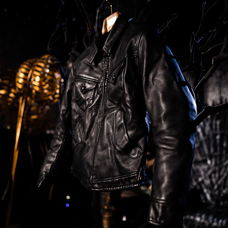 莫臣美式复古做旧牛皮门多萨真皮皮衣短款外套时尚皮夹克2364黑色