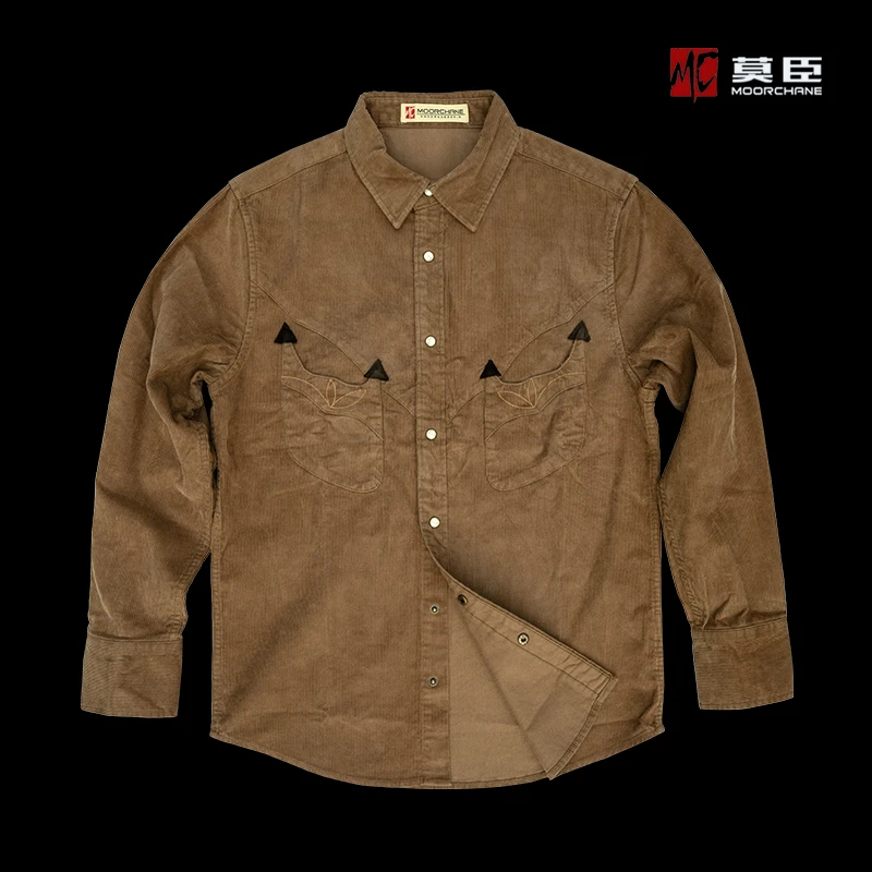 莫臣男士复古美式西部风格卡其色灯芯绒衬衫阿美咔叽拼接82525