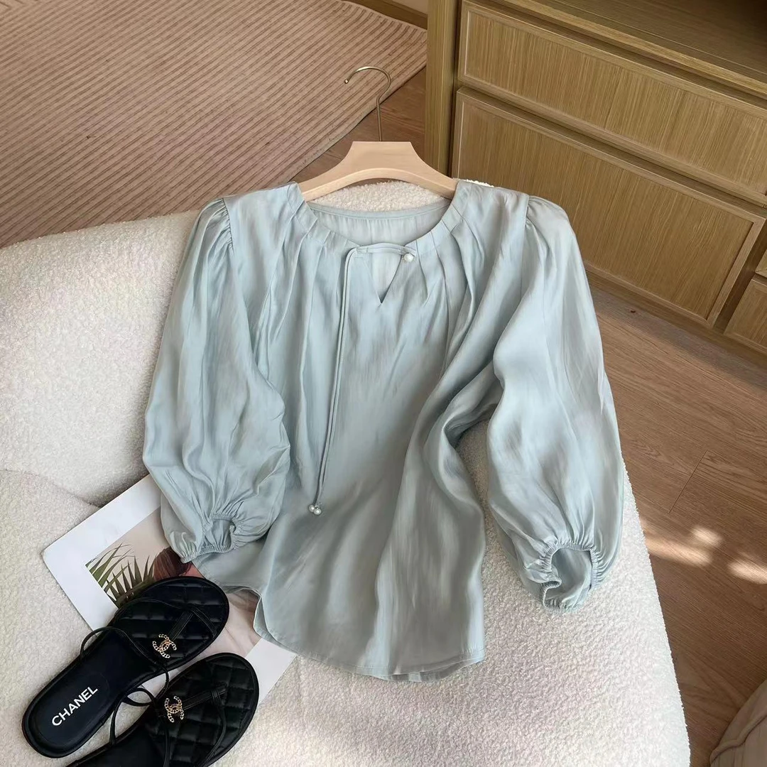 9213夏季新款法式小众褶皱设计感圆领纯色上衣女减龄洋气百搭T恤