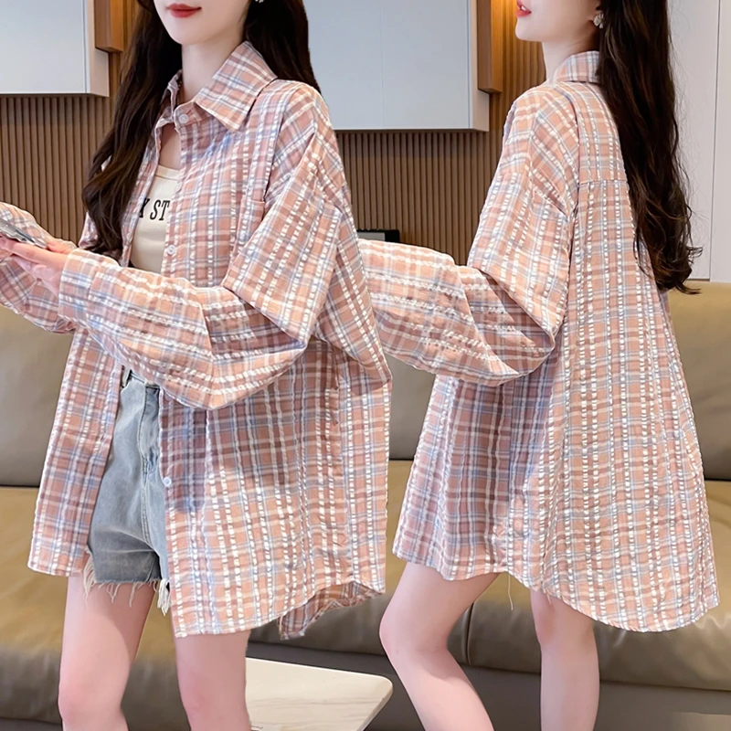 大码胖mm格子薄款衬衫女夏季新款韩版宽松百搭洋气休闲设计感上衣
