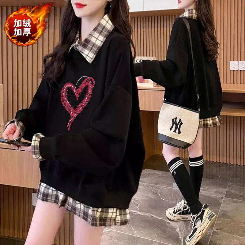 大码胖mm假两件加绒加厚卫衣女秋冬新款韩版宽松百搭设计感上衣潮
