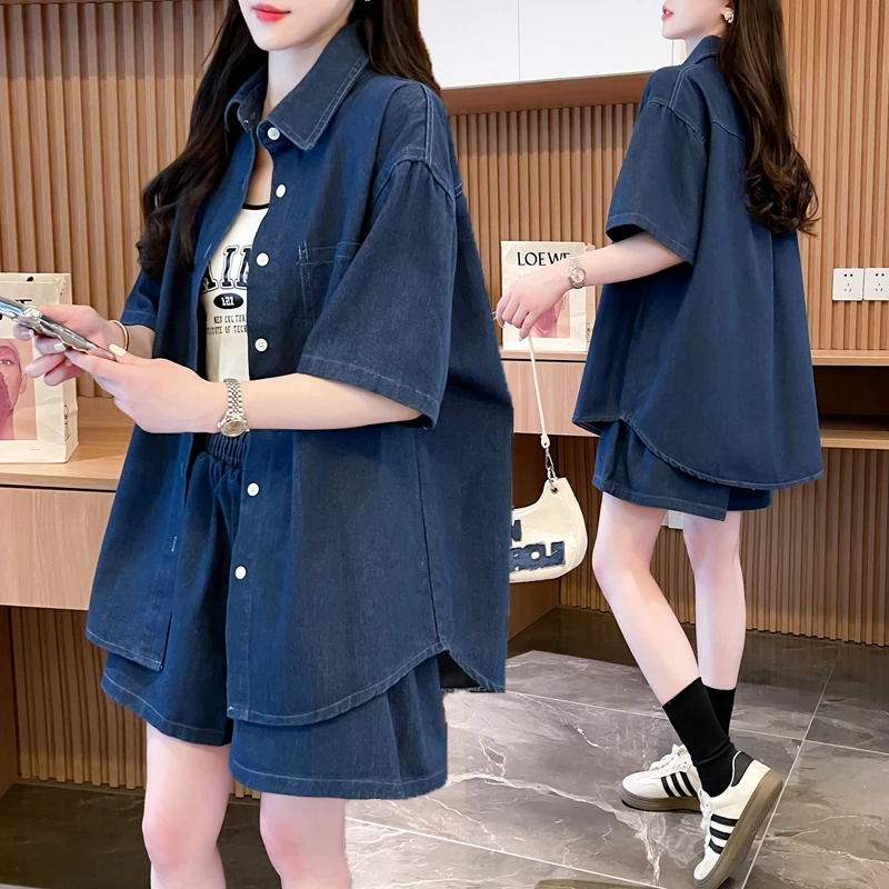 大码女装胖mm牛仔时尚套装女2024夏季新款韩版宽松百搭休闲两件套