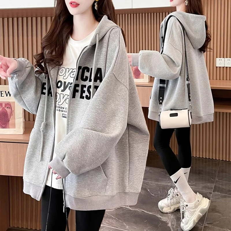 大码胖mm刺绣连帽薄款卫衣女春秋新款韩版宽松百搭慵懒风拉链外套