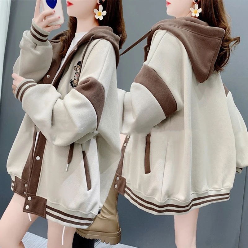 拼色连帽设计感加绒加厚卫衣女秋冬新款韩版宽松慵懒风棒球服外套