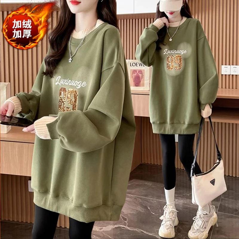 亮片刺绣假两件加绒卫衣女秋冬新款韩版宽松百搭大码设计感上衣潮