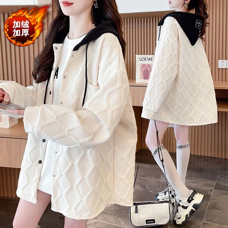 大码女装胖mm连帽加绒卫衣女秋冬新款韩版宽松百搭慵懒风开衫外套