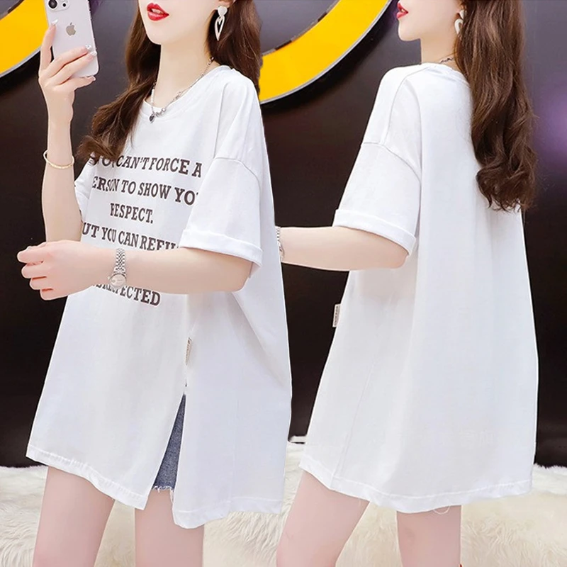 大码胖mm开叉设计感纯棉短袖T恤女夏季新款韩版宽松百搭洋气上衣