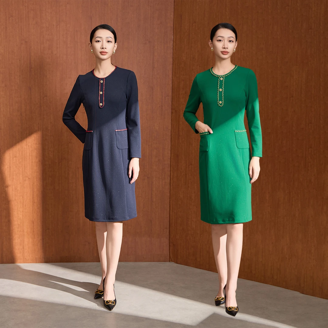 MY TENO/马天奴VDAB09气质长袖时尚绿色复古国风中长款秋冬连衣裙