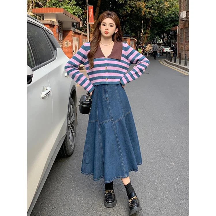 【现货】大码翻领条纹长袖短款毛衣高腰牛仔鱼尾半身裙7908